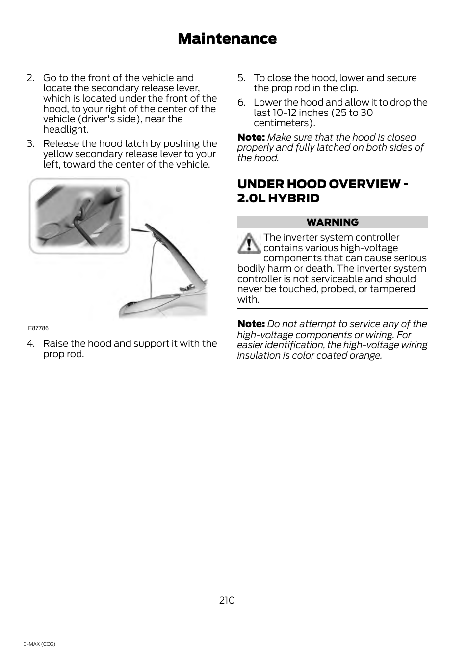 Under hood overview, Under hood overview - 2.0l hybrid, Maintenance | FORD 2014 C-MAX Hybrid User Manual | Page 212 / 447