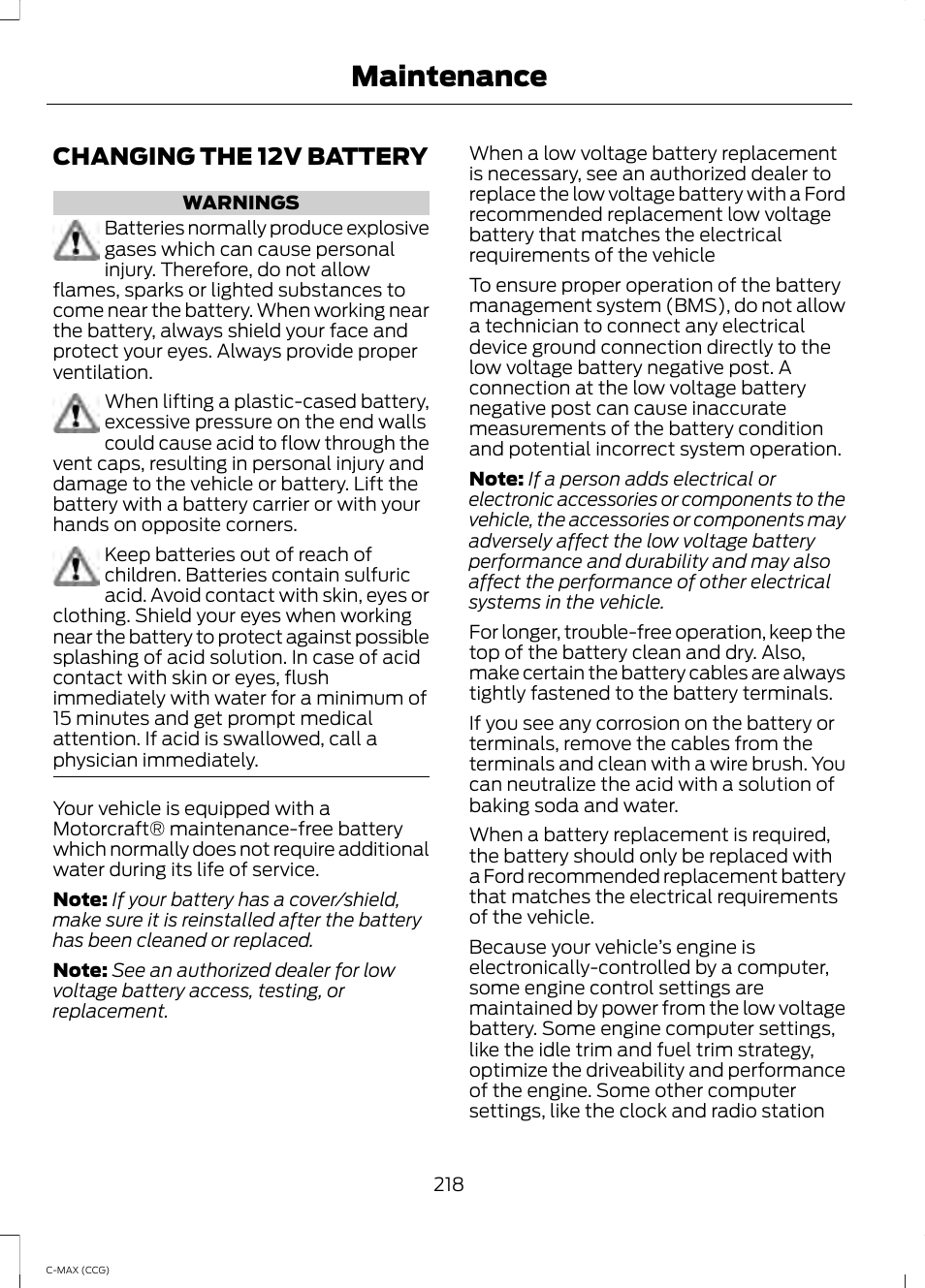 Changing the 12v battery, Maintenance | FORD 2014 C-MAX Hybrid User Manual | Page 220 / 447