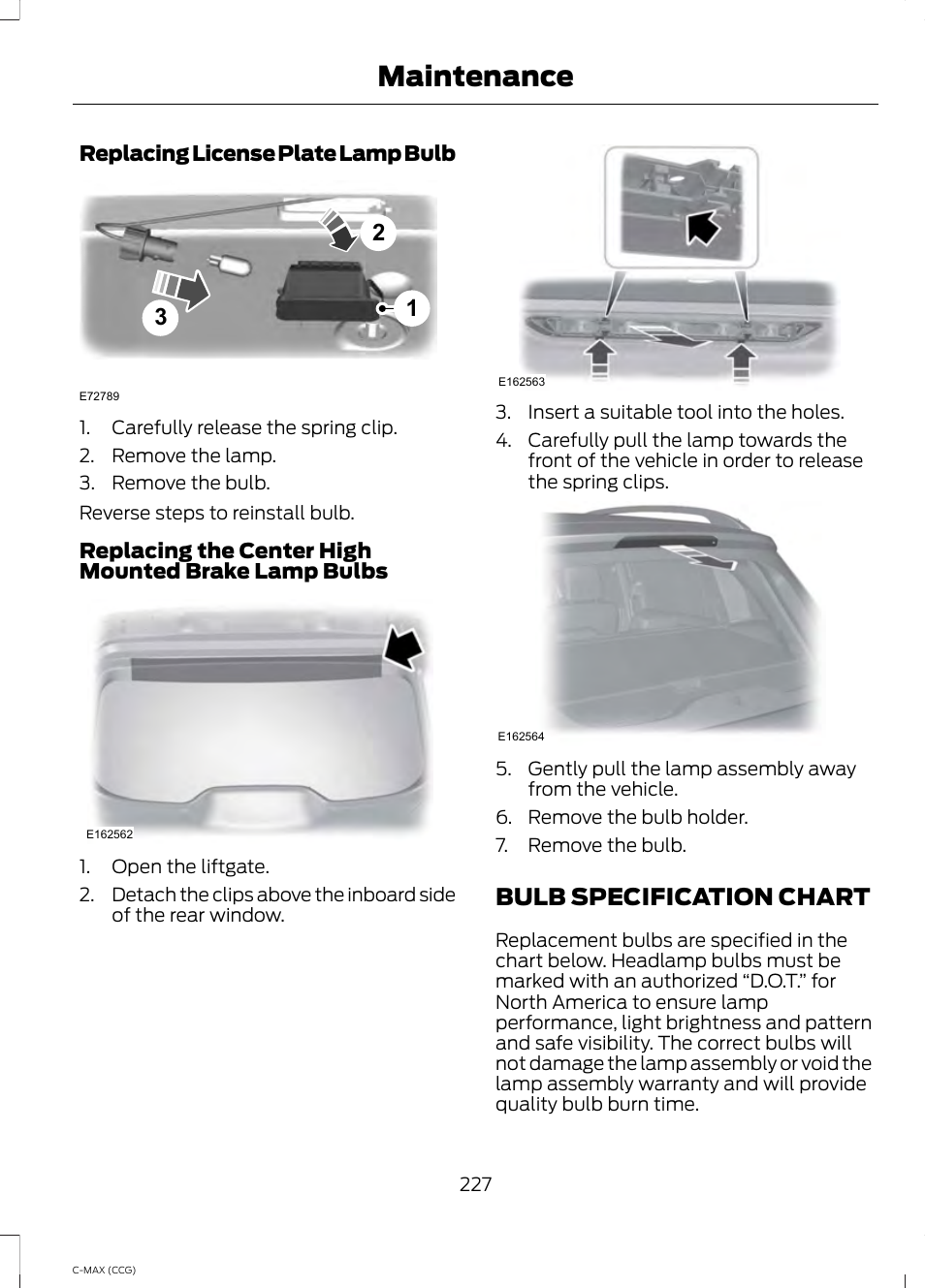 Bulb specification chart, Maintenance | FORD 2014 C-MAX Hybrid User Manual | Page 229 / 447