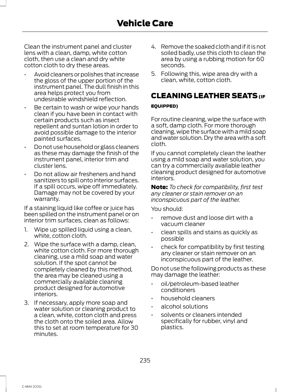 Cleaning leather seats, Vehicle care | FORD 2014 C-MAX Hybrid User Manual | Page 237 / 447