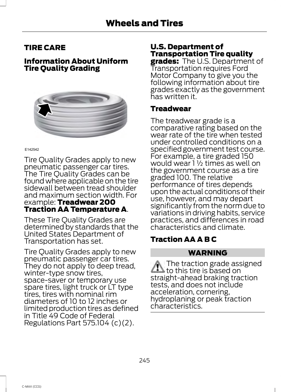 Tire care, Wheels and tires | FORD 2014 C-MAX Hybrid User Manual | Page 247 / 447