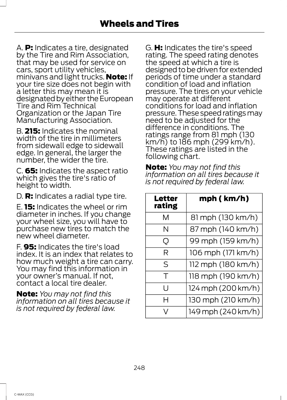 Wheels and tires | FORD 2014 C-MAX Hybrid User Manual | Page 250 / 447