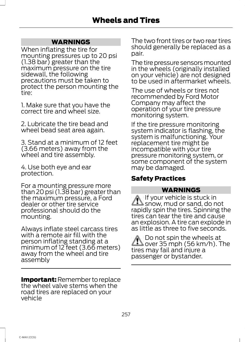 Wheels and tires | FORD 2014 C-MAX Hybrid User Manual | Page 259 / 447