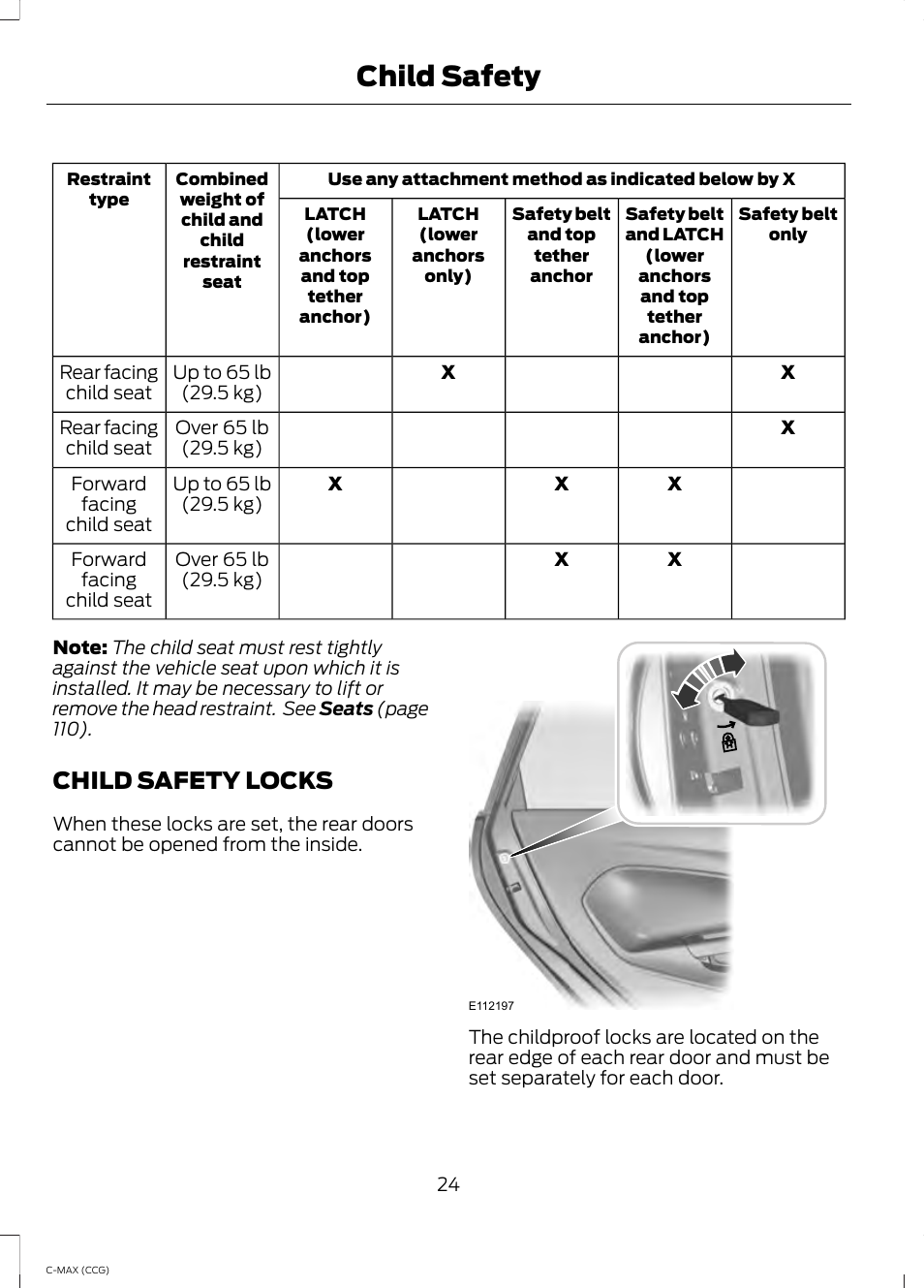 Child safety locks, Child safety | FORD 2014 C-MAX Hybrid User Manual | Page 26 / 447