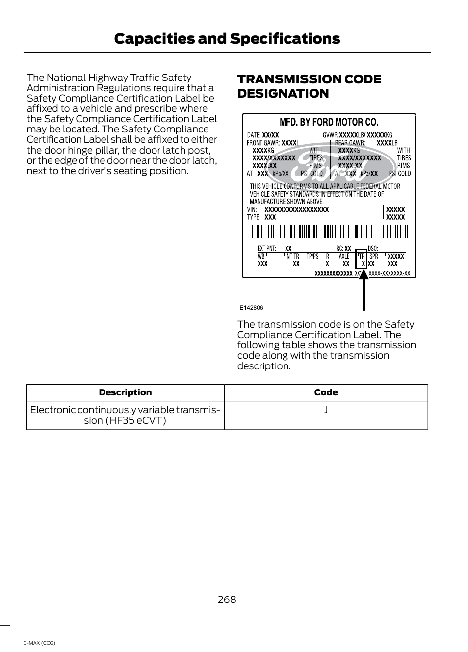 Transmission code designation, Capacities and specifications | FORD 2014 C-MAX Hybrid User Manual | Page 270 / 447