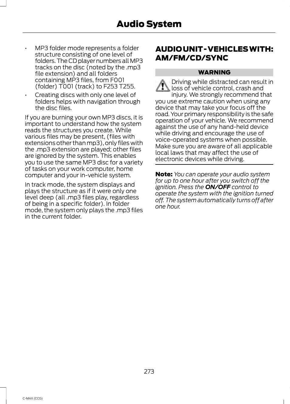 Audio unit, Audio unit - vehicles with: am/fm/cd, Sync | Audio system, Audio unit - vehicles with: am/fm/cd/sync | FORD 2014 C-MAX Hybrid User Manual | Page 275 / 447