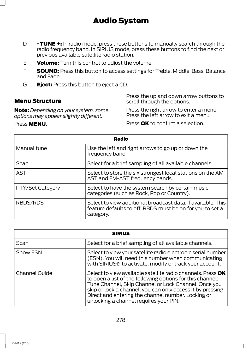 Audio system | FORD 2014 C-MAX Hybrid User Manual | Page 280 / 447