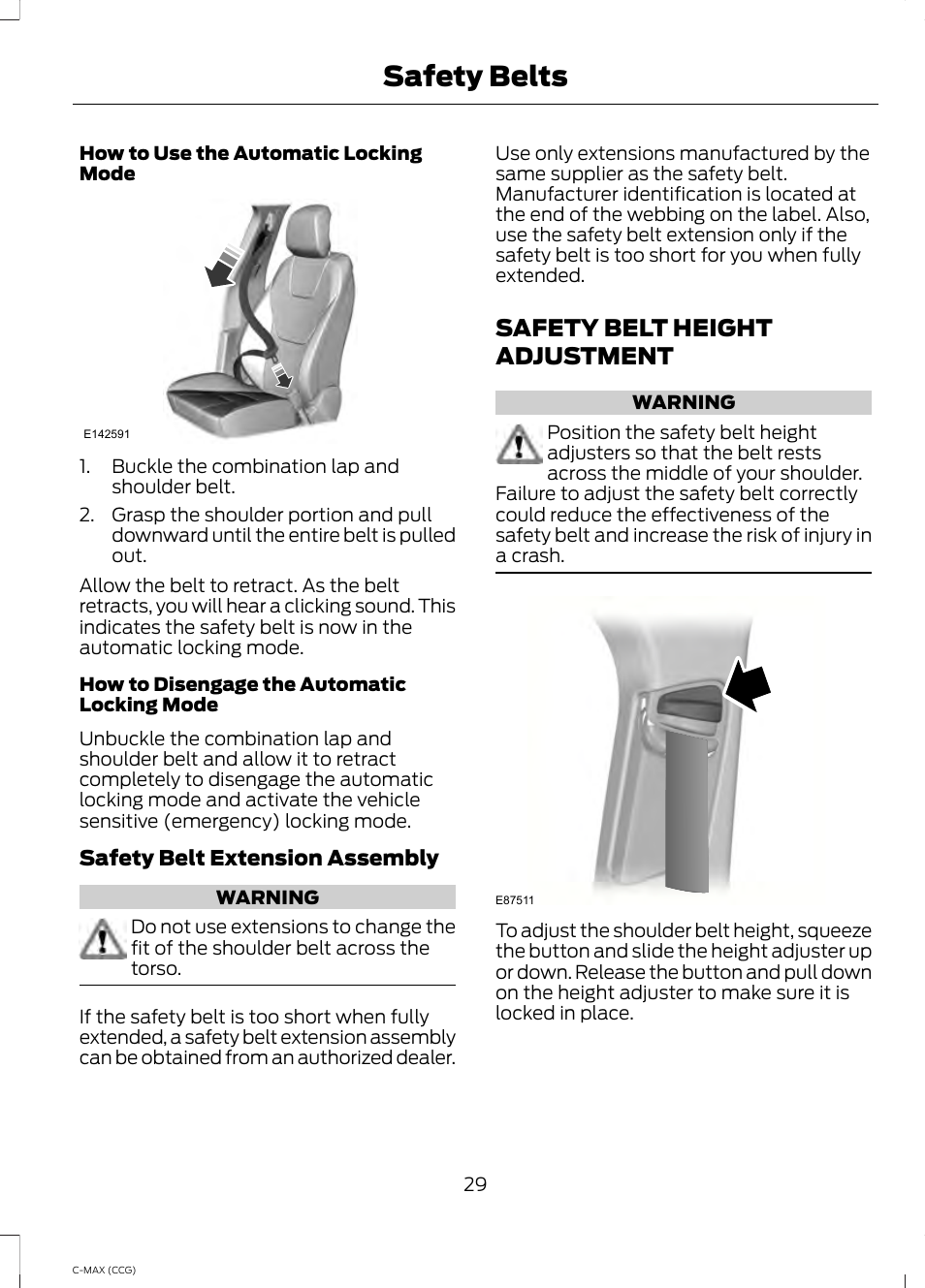 Safety belt height adjustment, Safety belts | FORD 2014 C-MAX Hybrid User Manual | Page 31 / 447