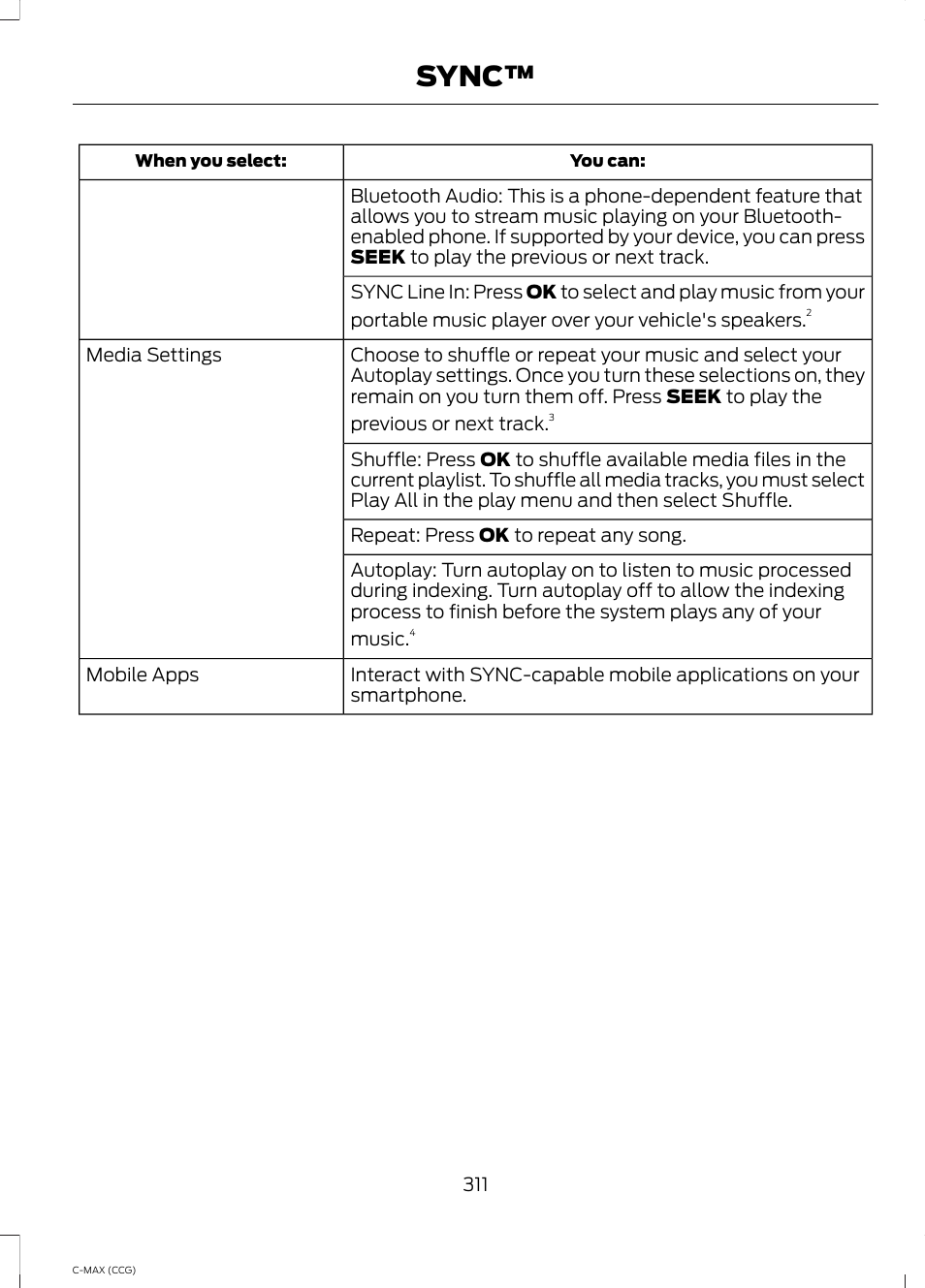 Sync | FORD 2014 C-MAX Hybrid User Manual | Page 313 / 447