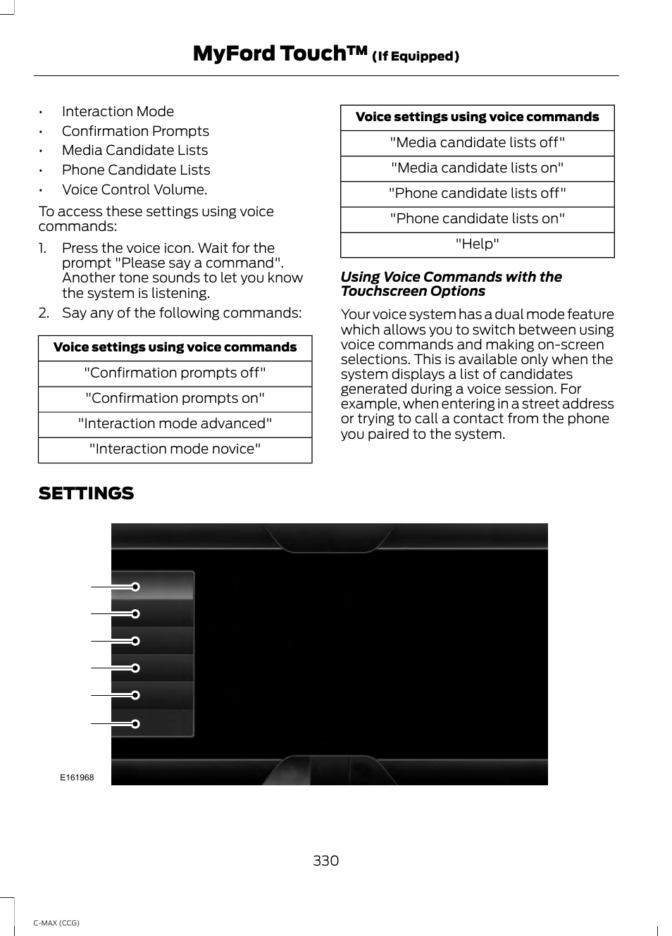 Settings, Myford touch | FORD 2014 C-MAX Hybrid User Manual | Page 332 / 447