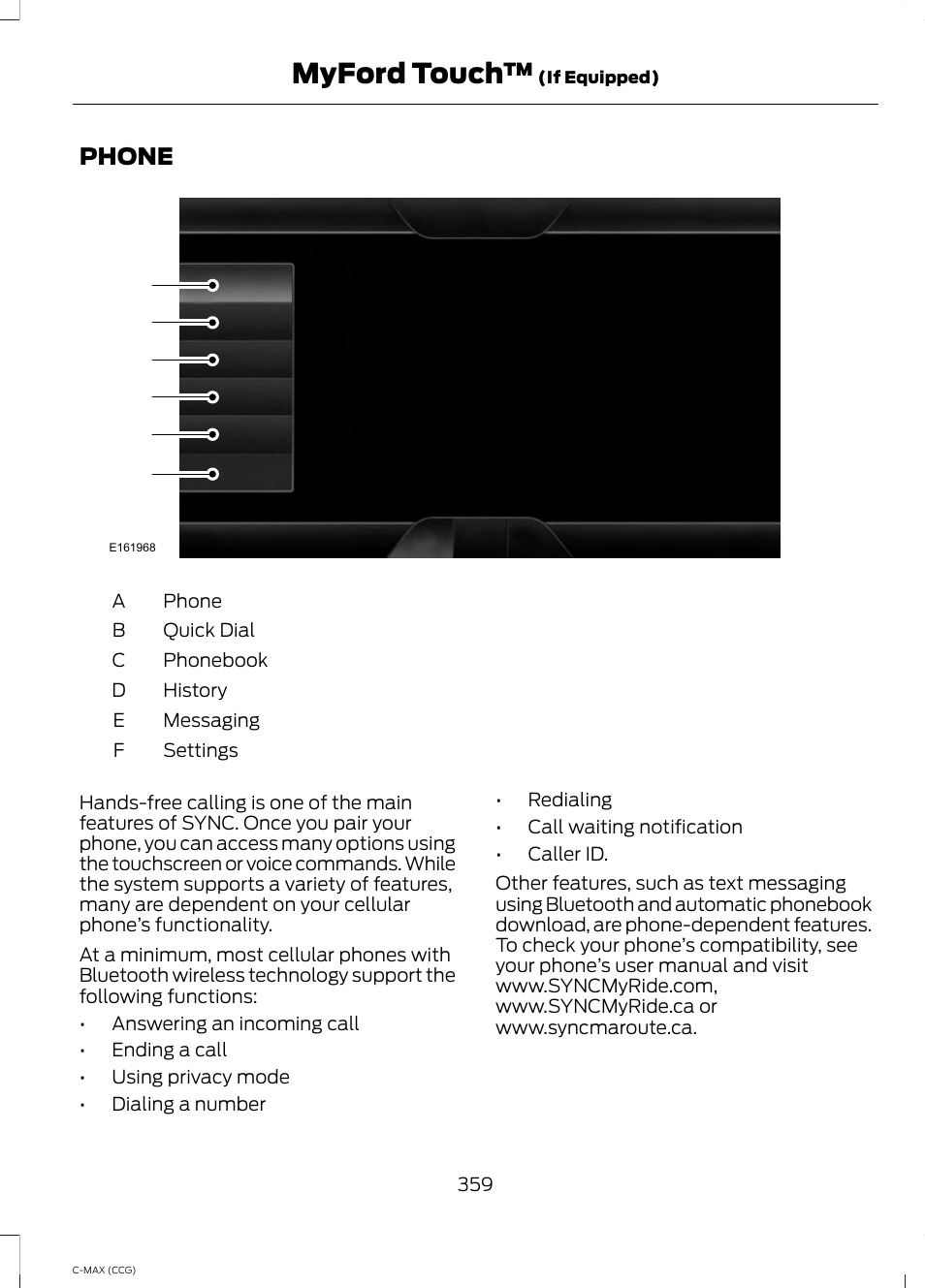 Phone, Myford touch | FORD 2014 C-MAX Hybrid User Manual | Page 361 / 447