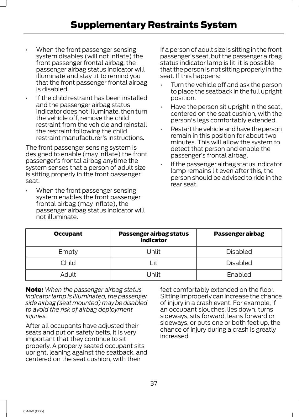 Supplementary restraints system | FORD 2014 C-MAX Hybrid User Manual | Page 39 / 447