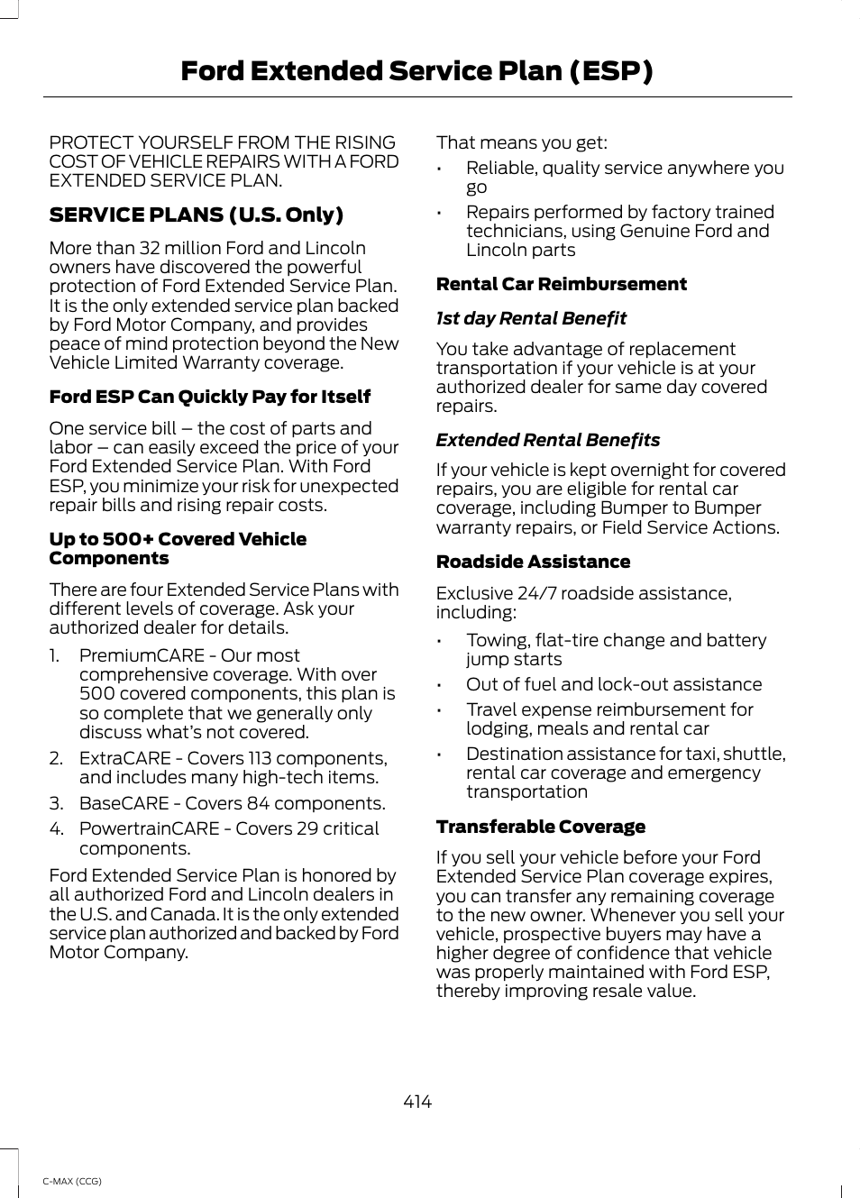 Ford extended service plan (esp), Ford extended service plan, Esp) | FORD 2014 C-MAX Hybrid User Manual | Page 416 / 447