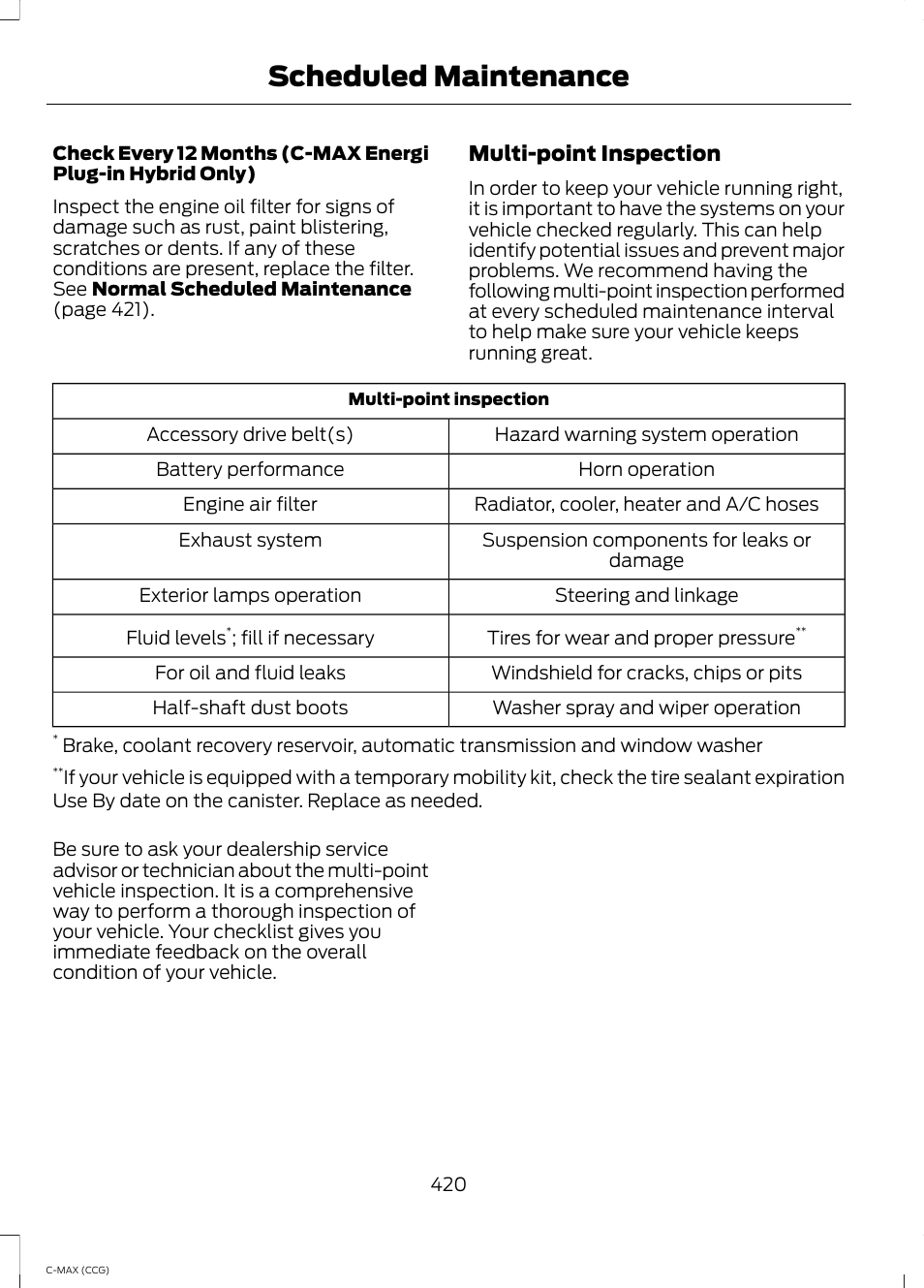 Scheduled maintenance | FORD 2014 C-MAX Hybrid User Manual | Page 422 / 447