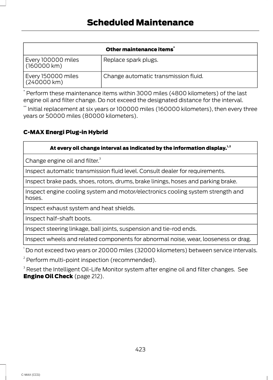 Scheduled maintenance | FORD 2014 C-MAX Hybrid User Manual | Page 425 / 447