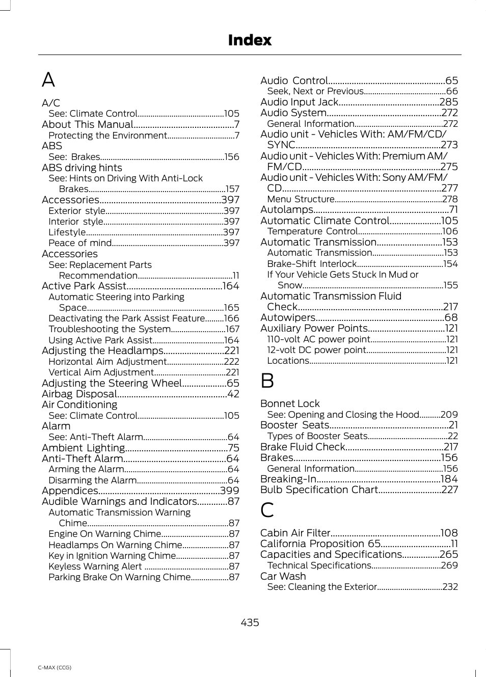 Index | FORD 2014 C-MAX Hybrid User Manual | Page 437 / 447