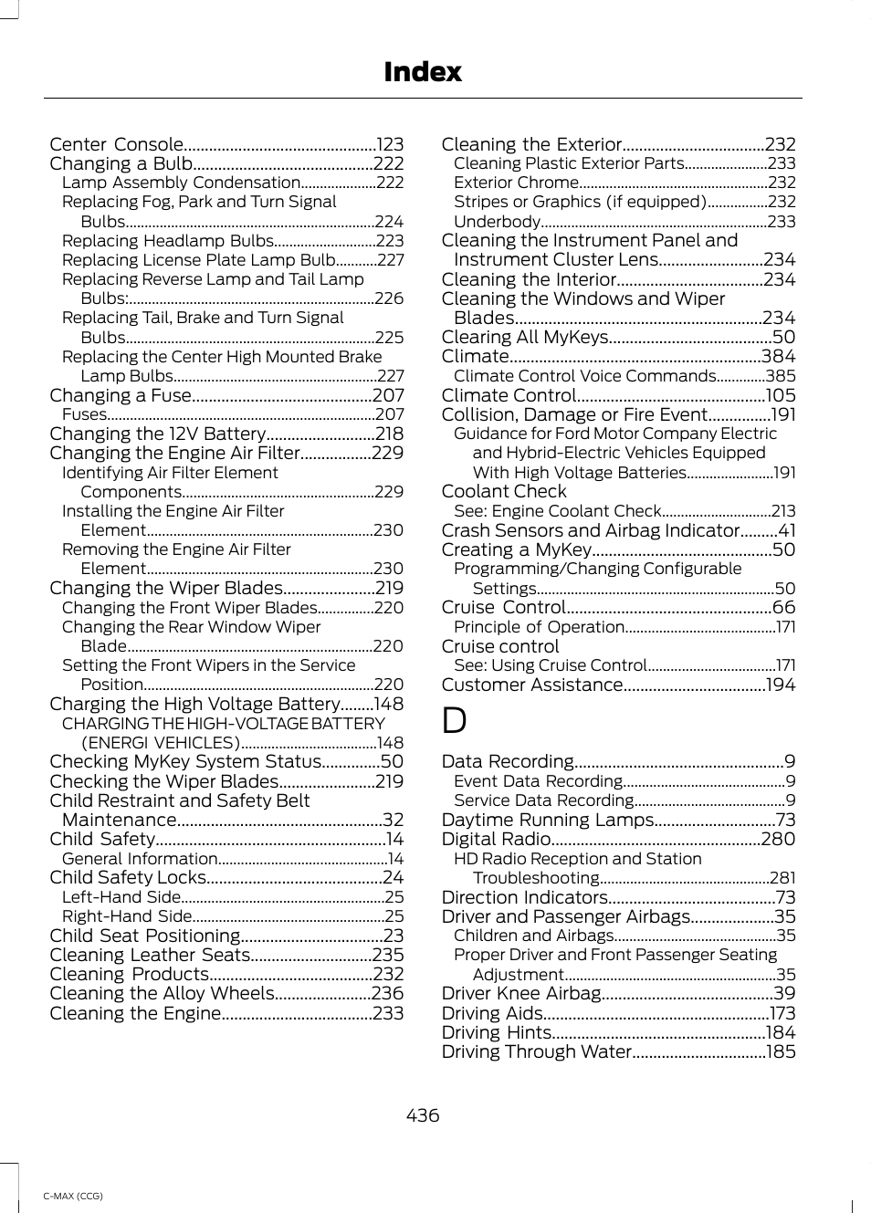 Index | FORD 2014 C-MAX Hybrid User Manual | Page 438 / 447