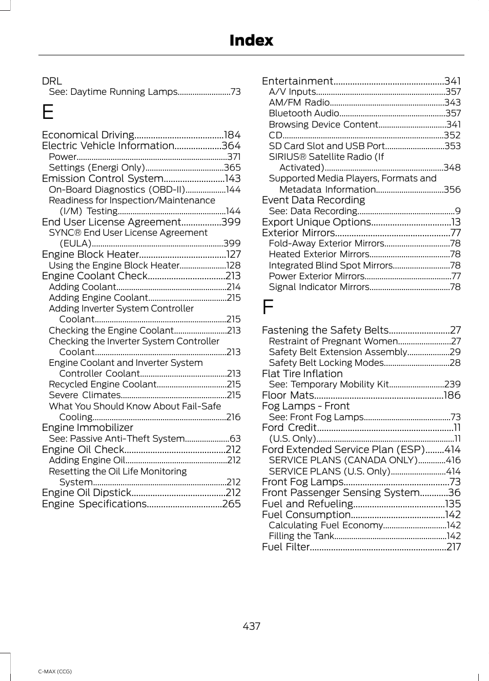 Index | FORD 2014 C-MAX Hybrid User Manual | Page 439 / 447