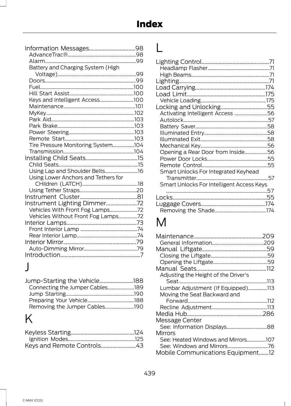 Index | FORD 2014 C-MAX Hybrid User Manual | Page 441 / 447
