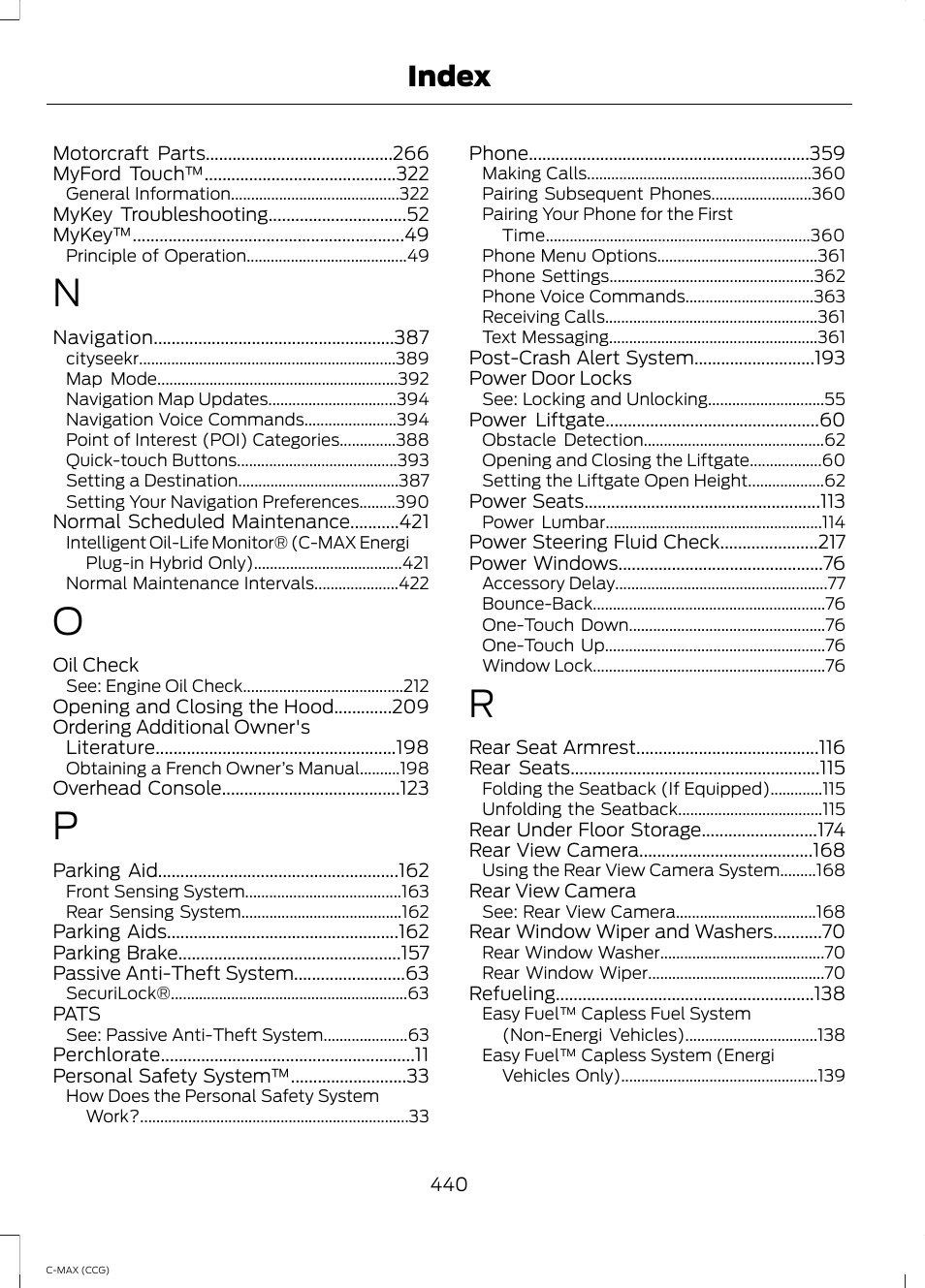Index | FORD 2014 C-MAX Hybrid User Manual | Page 442 / 447