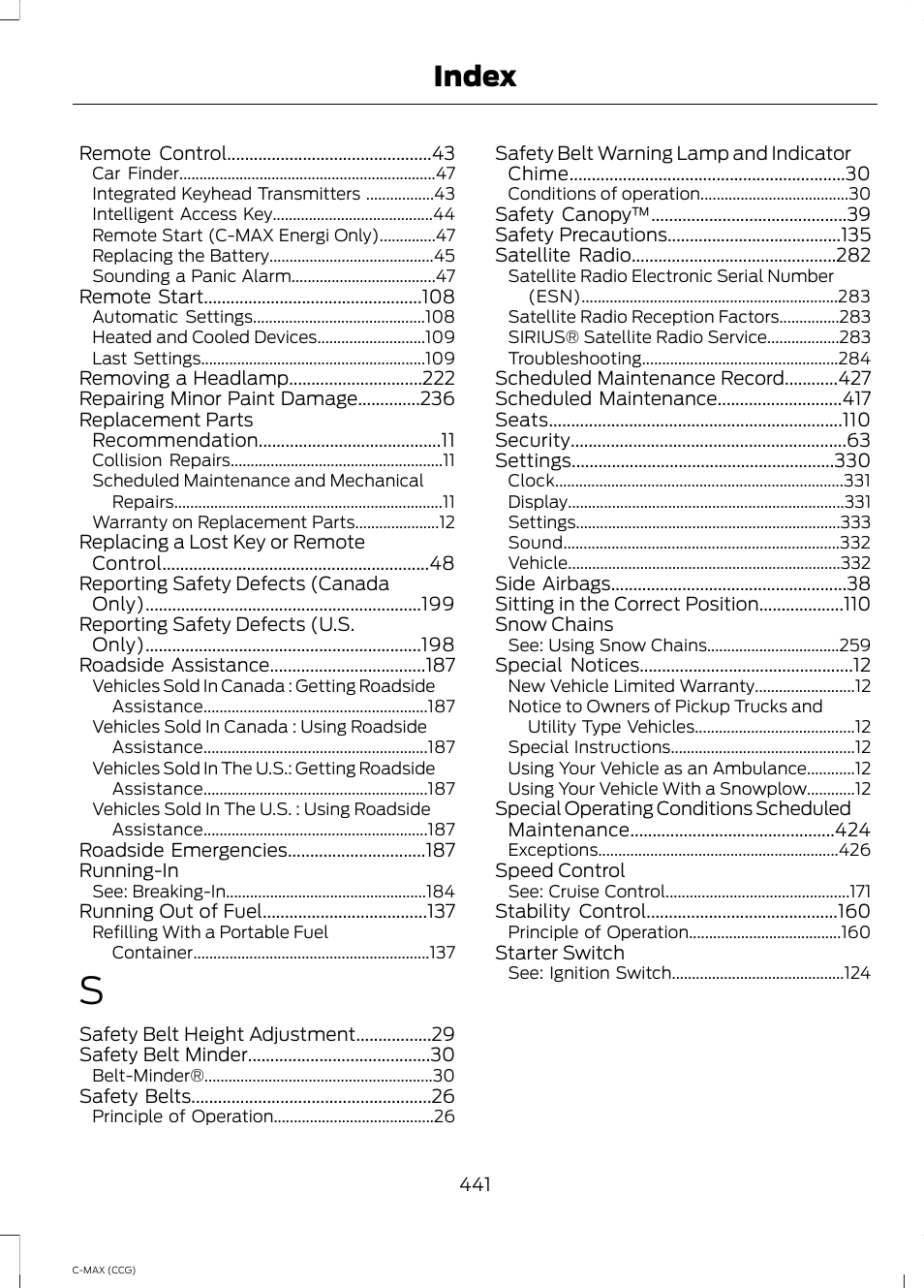 Index | FORD 2014 C-MAX Hybrid User Manual | Page 443 / 447
