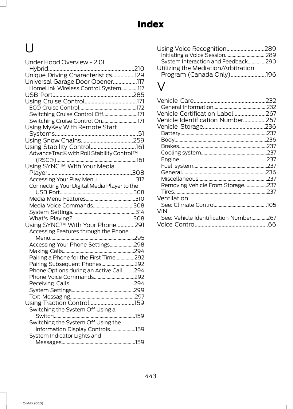 Index | FORD 2014 C-MAX Hybrid User Manual | Page 445 / 447