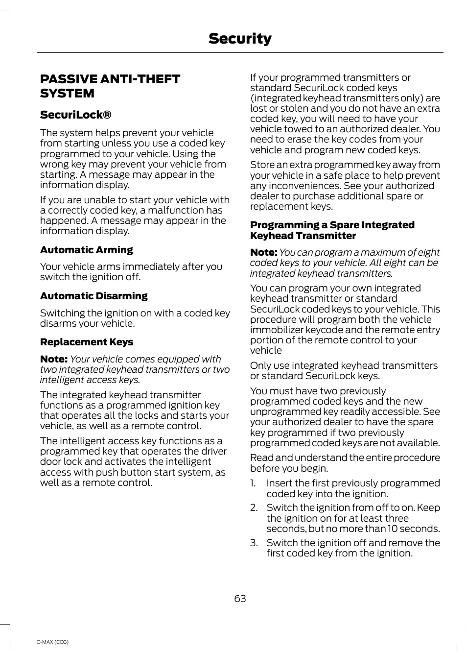 Security, Passive anti-theft system | FORD 2014 C-MAX Hybrid User Manual | Page 65 / 447