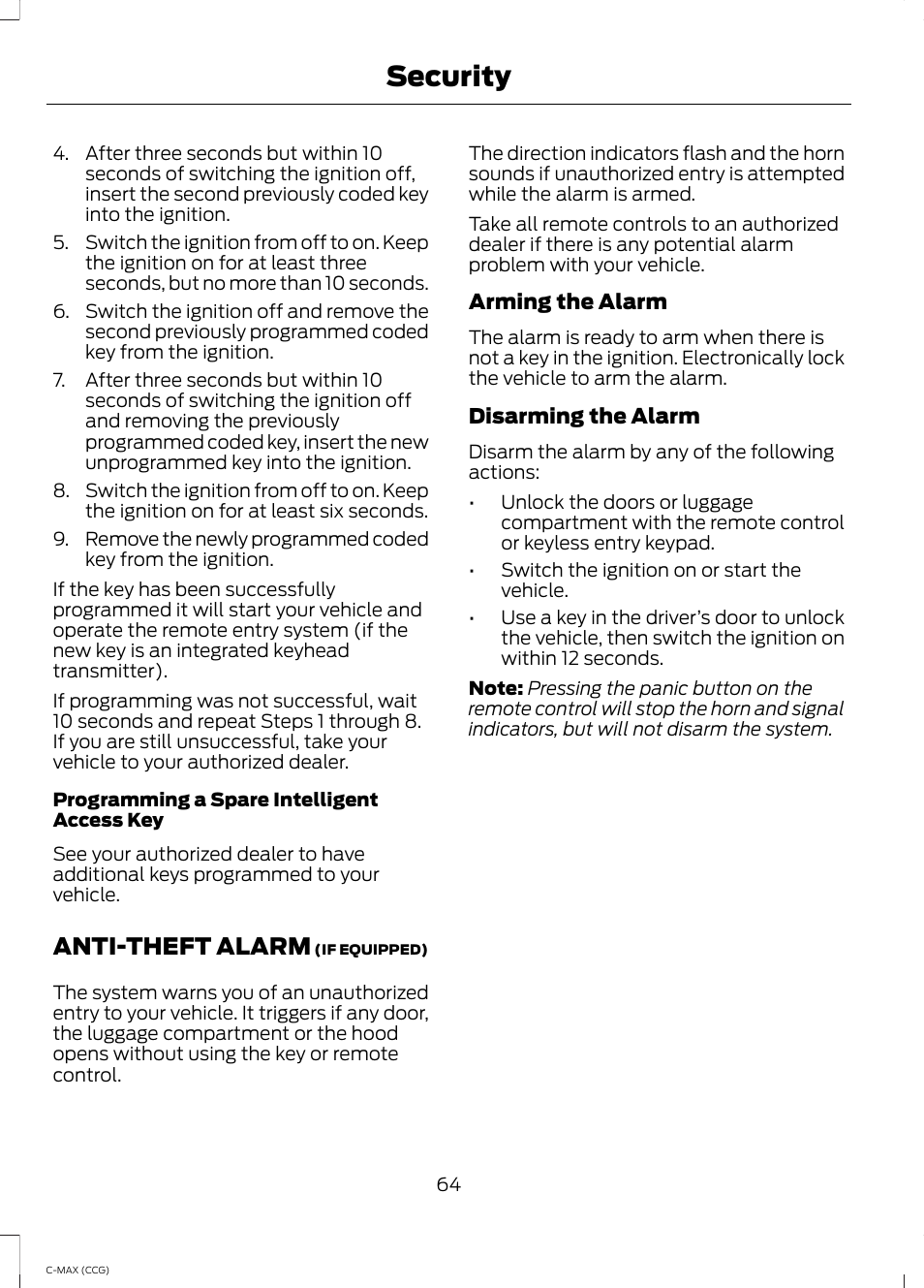 Anti-theft alarm, Security | FORD 2014 C-MAX Hybrid User Manual | Page 66 / 447