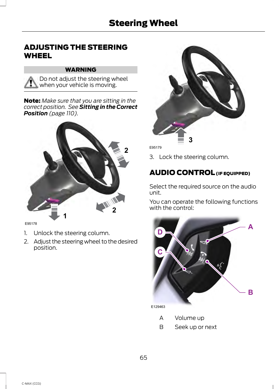 Steering wheel, Adjusting the steering wheel, Audio control | Adjusting the steering wheel audio control, Cd a b | FORD 2014 C-MAX Hybrid User Manual | Page 67 / 447