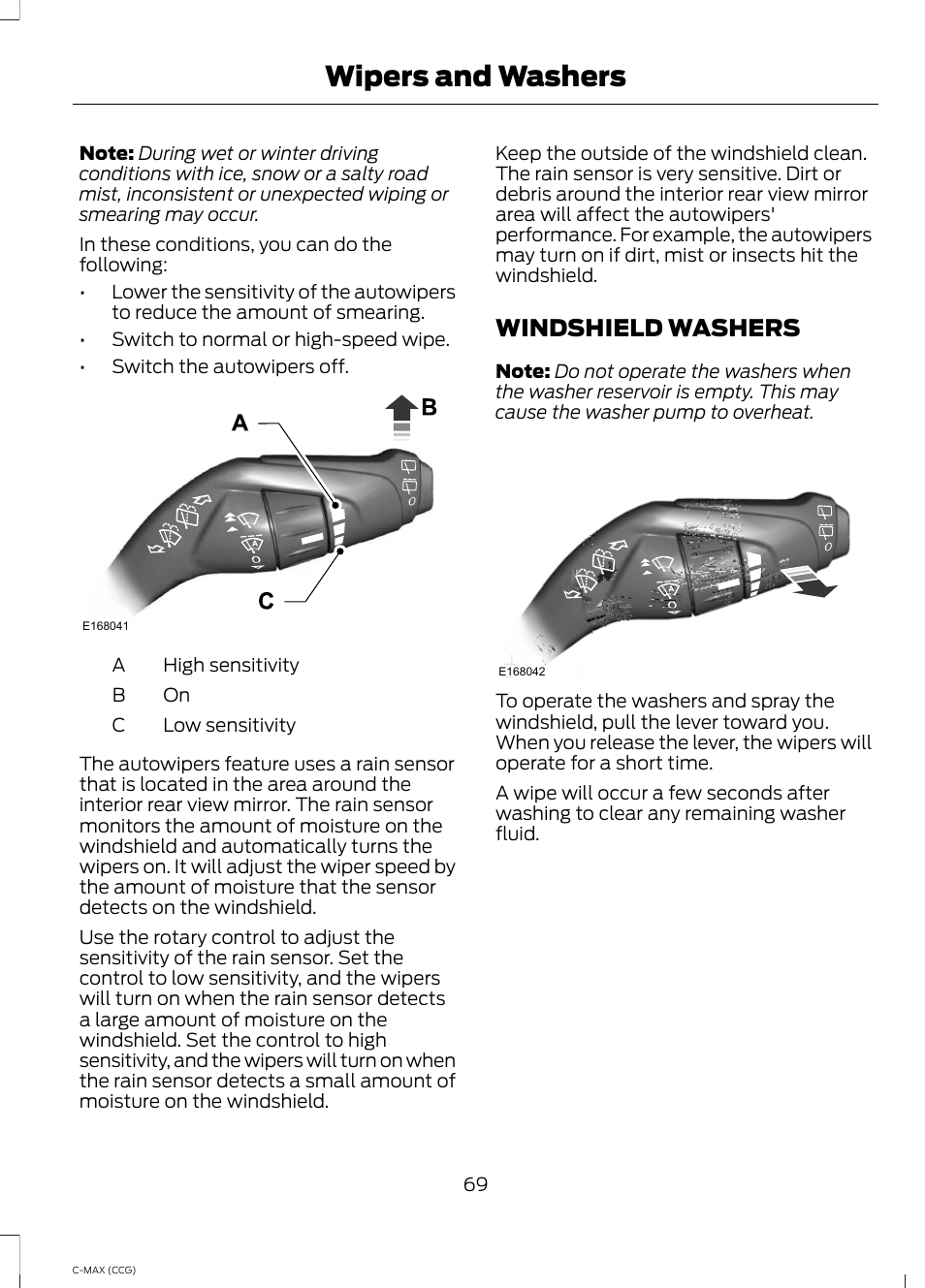 Windshield washers, Wipers and washers | FORD 2014 C-MAX Hybrid User Manual | Page 71 / 447