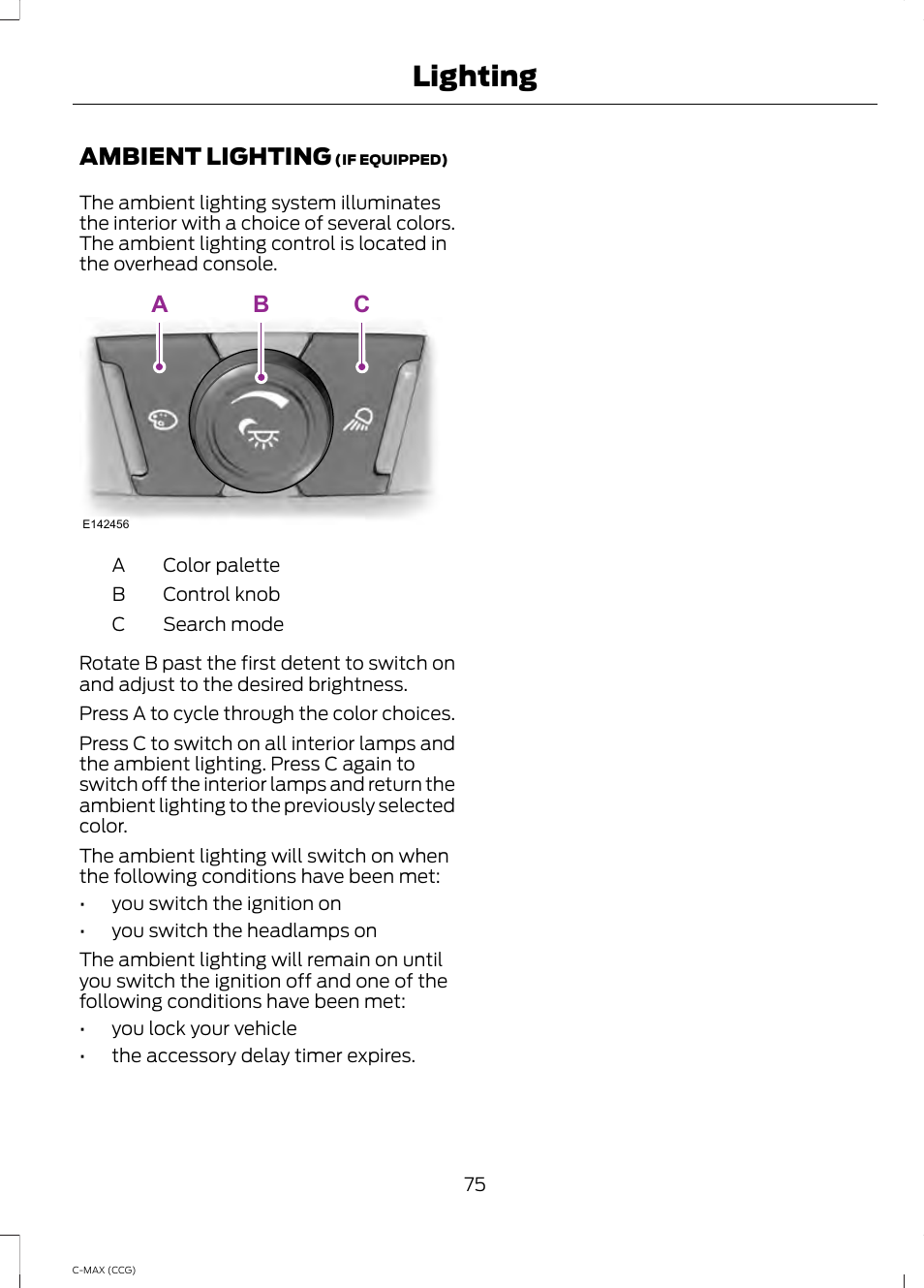 Ambient lighting, Lighting, Ab c | FORD 2014 C-MAX Hybrid User Manual | Page 77 / 447