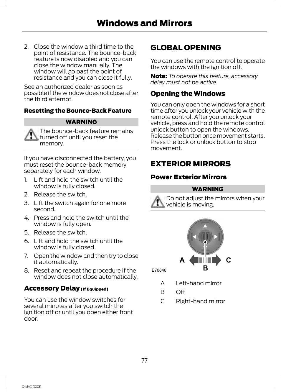 Global opening, Exterior mirrors, Global opening exterior mirrors | Windows and mirrors, Ac b | FORD 2014 C-MAX Hybrid User Manual | Page 79 / 447