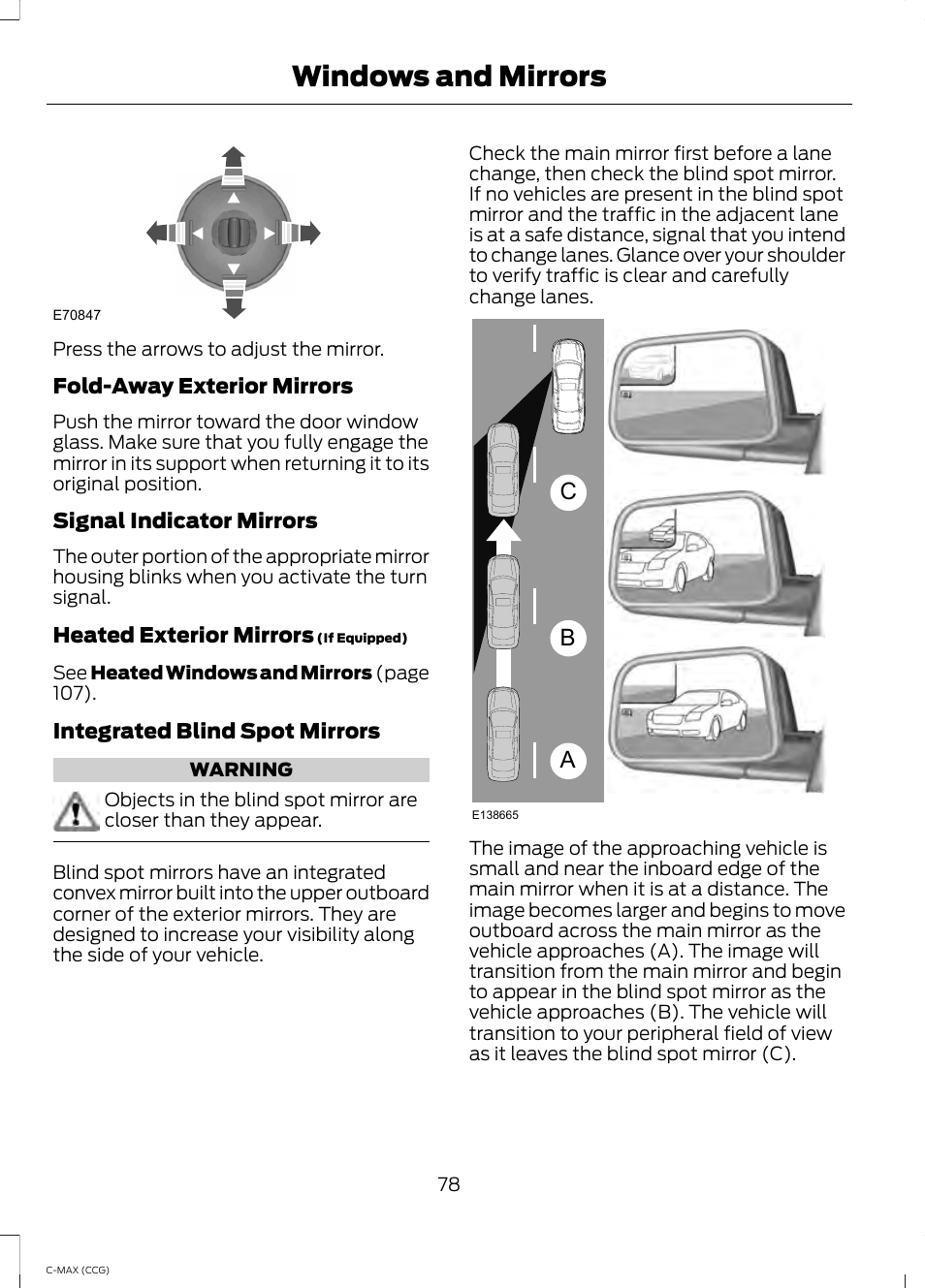 Windows and mirrors, Ab c | FORD 2014 C-MAX Hybrid User Manual | Page 80 / 447