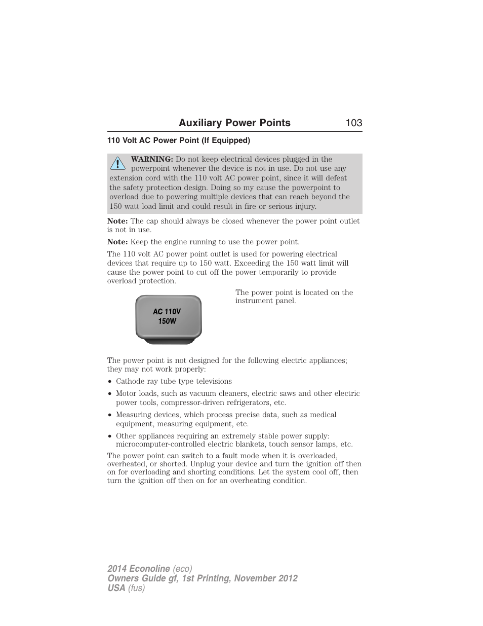110 volt ac power point (if equipped), Auxiliary power points 103 | FORD 2014 E-450 v.1 User Manual | Page 104 / 438