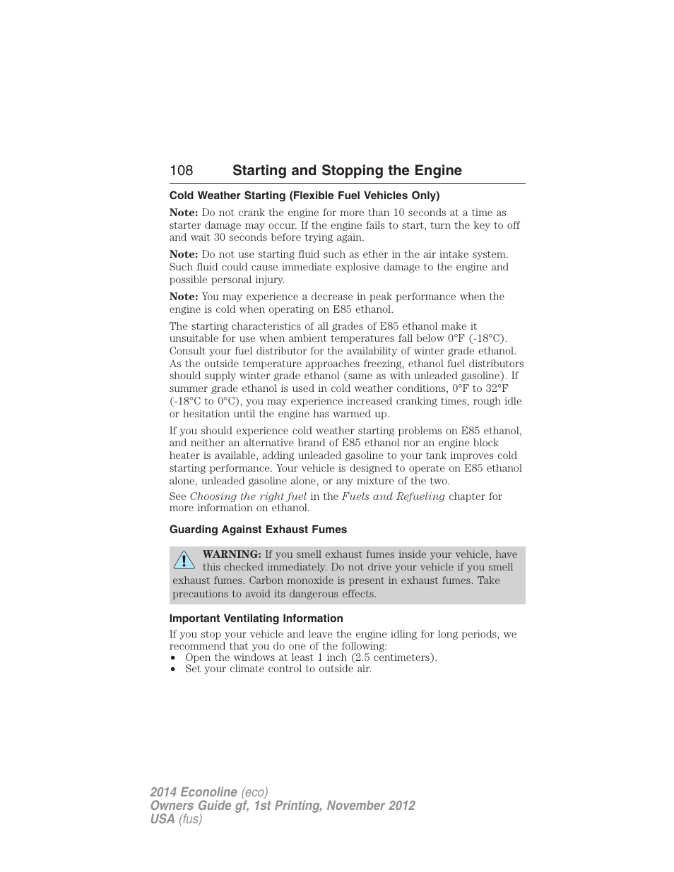 Guarding against exhaust fumes, Important ventilating information, 108 starting and stopping the engine | FORD 2014 E-450 v.1 User Manual | Page 109 / 438