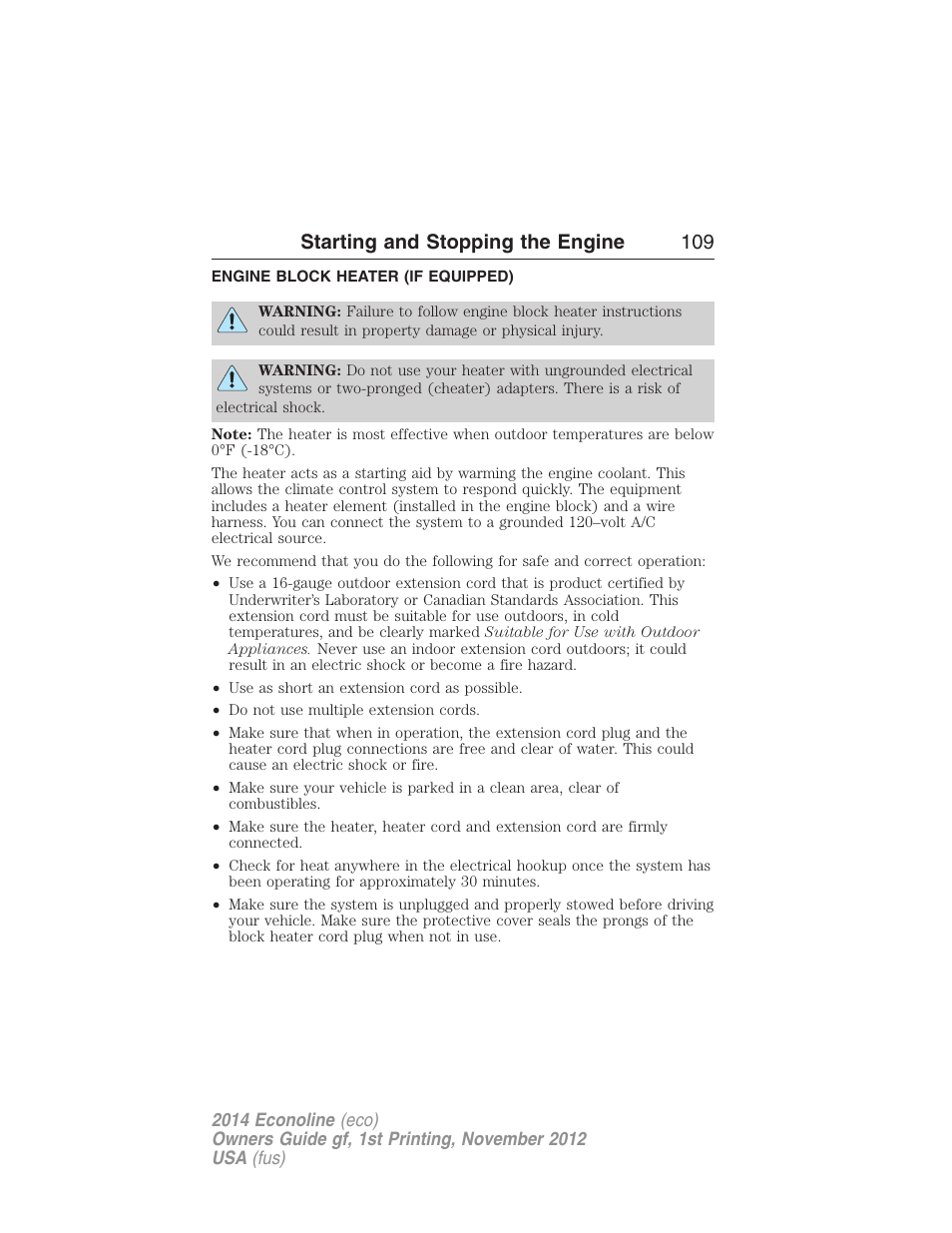Engine block heater (if equipped), Engine block heater, Starting and stopping the engine 109 | FORD 2014 E-450 v.1 User Manual | Page 110 / 438