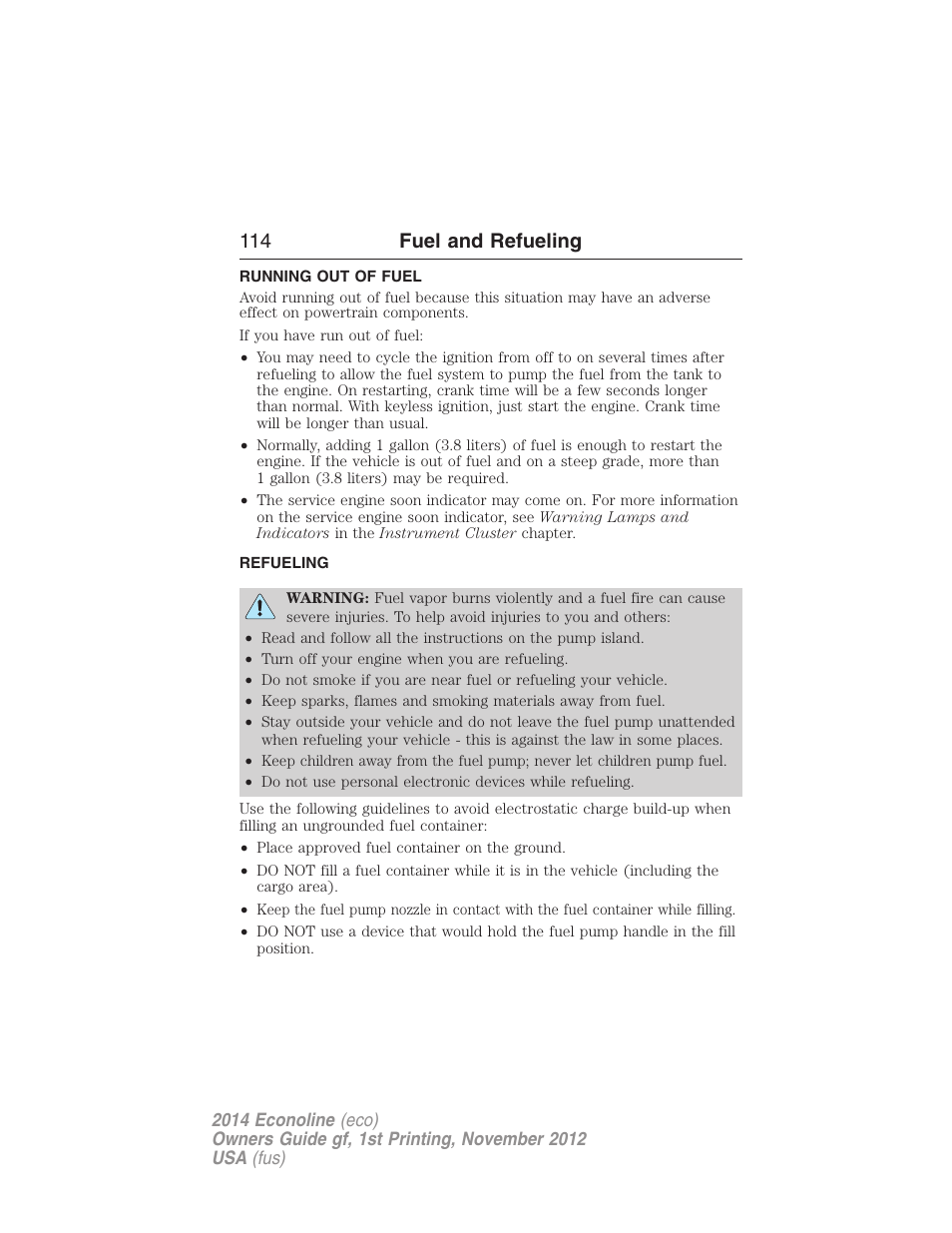 Running out of fuel, Refueling, 114 fuel and refueling | FORD 2014 E-450 v.1 User Manual | Page 115 / 438