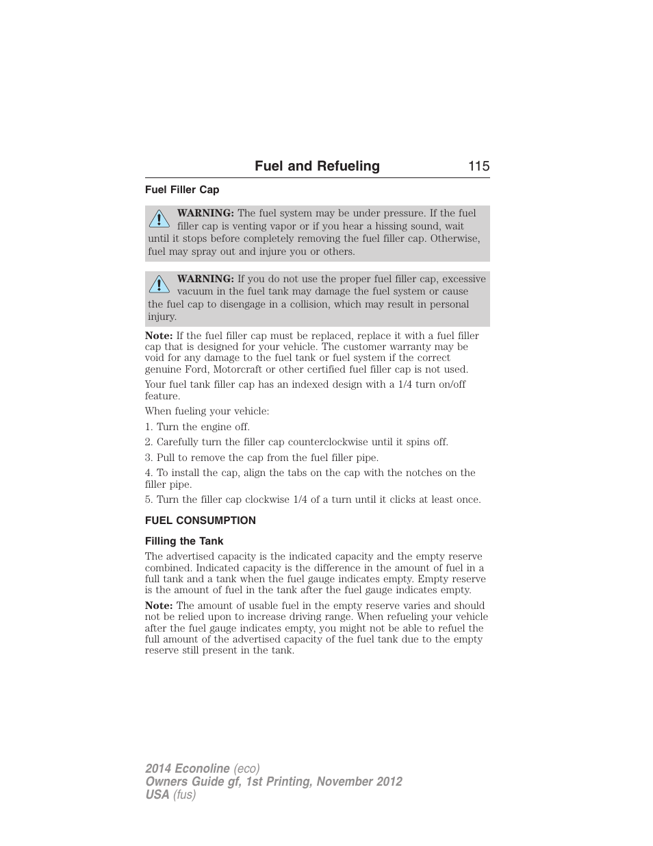 Fuel filler cap, Fuel consumption, Filling the tank | Fuel and refueling 115 | FORD 2014 E-450 v.1 User Manual | Page 116 / 438