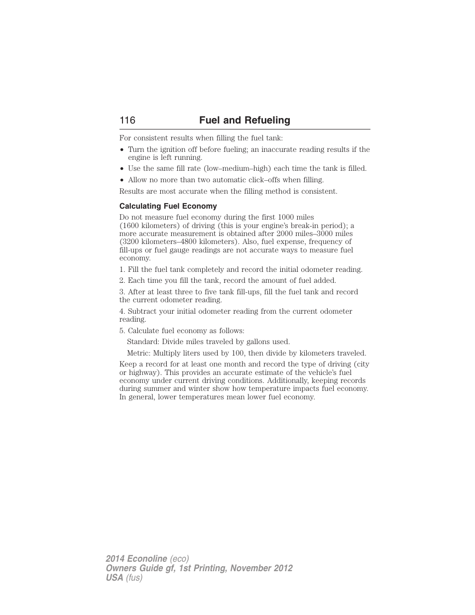 Calculating fuel economy, 116 fuel and refueling | FORD 2014 E-450 v.1 User Manual | Page 117 / 438