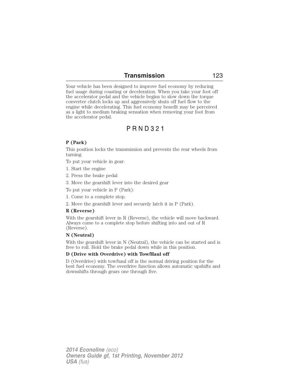 Transmission 123 | FORD 2014 E-450 v.1 User Manual | Page 124 / 438