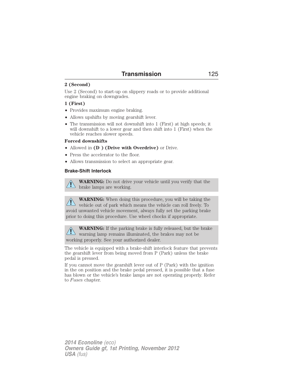 Brake-shift interlock, Transmission 125 | FORD 2014 E-450 v.1 User Manual | Page 126 / 438