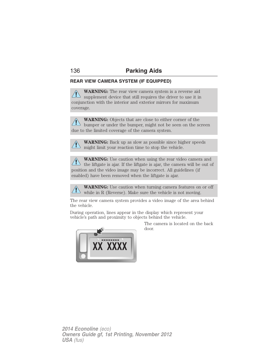 Rear view camera system (if equipped), Rear-view camera system, 136 parking aids | FORD 2014 E-450 v.1 User Manual | Page 137 / 438