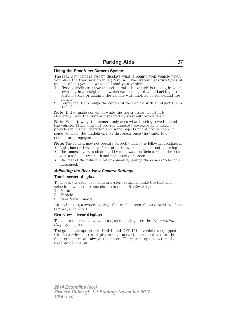 Using the rear view camera system, Adjusting the rear view camera settings, Parking aids 137 | FORD 2014 E-450 v.1 User Manual | Page 138 / 438