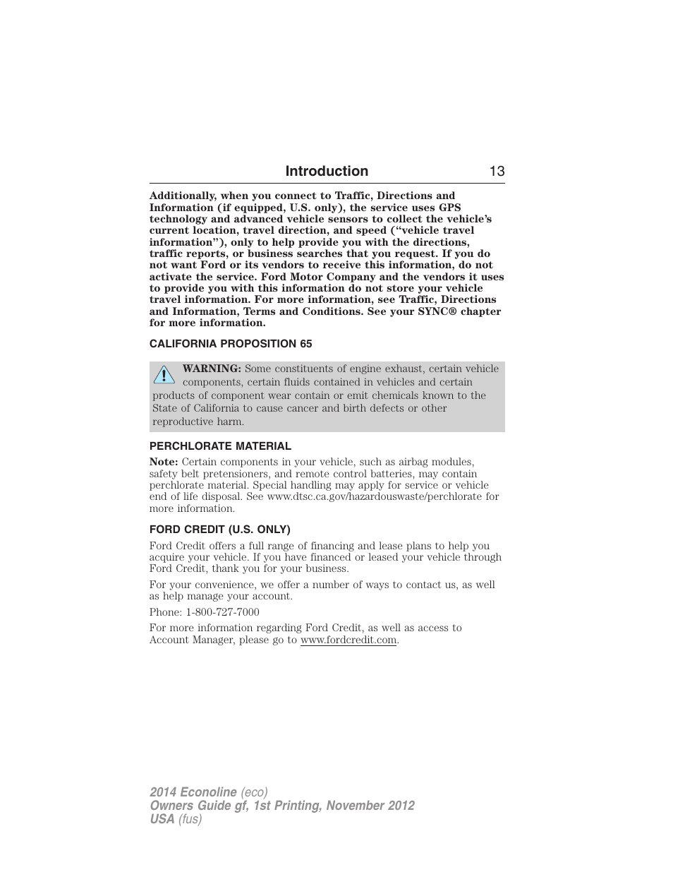 California proposition 65, Perchlorate material, Ford credit (u.s. only) | Introduction 13 | FORD 2014 E-450 v.1 User Manual | Page 14 / 438