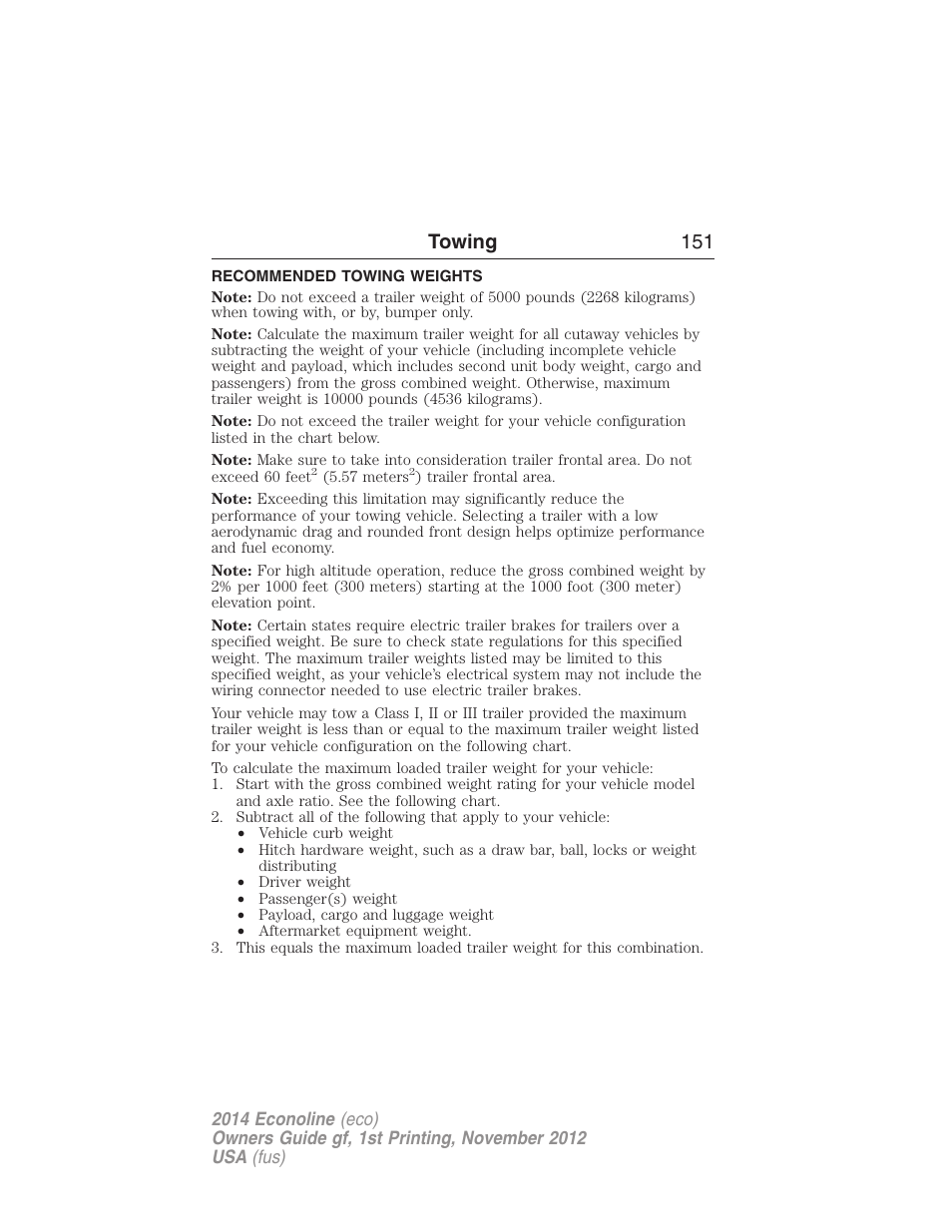 Recommended towing weights, Towing 151 | FORD 2014 E-450 v.1 User Manual | Page 152 / 438