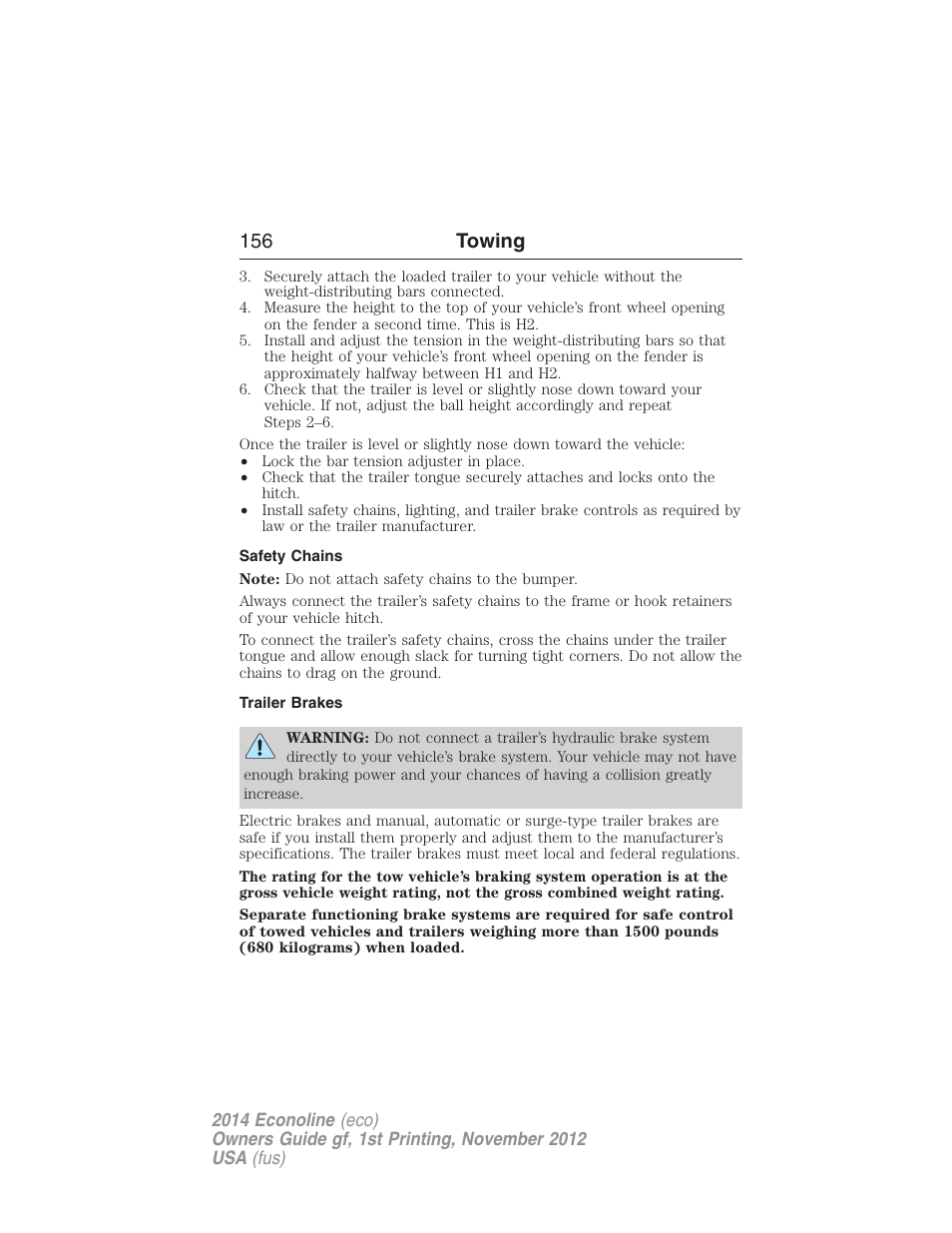 Safety chains, Trailer brakes, 156 towing | FORD 2014 E-450 v.1 User Manual | Page 157 / 438