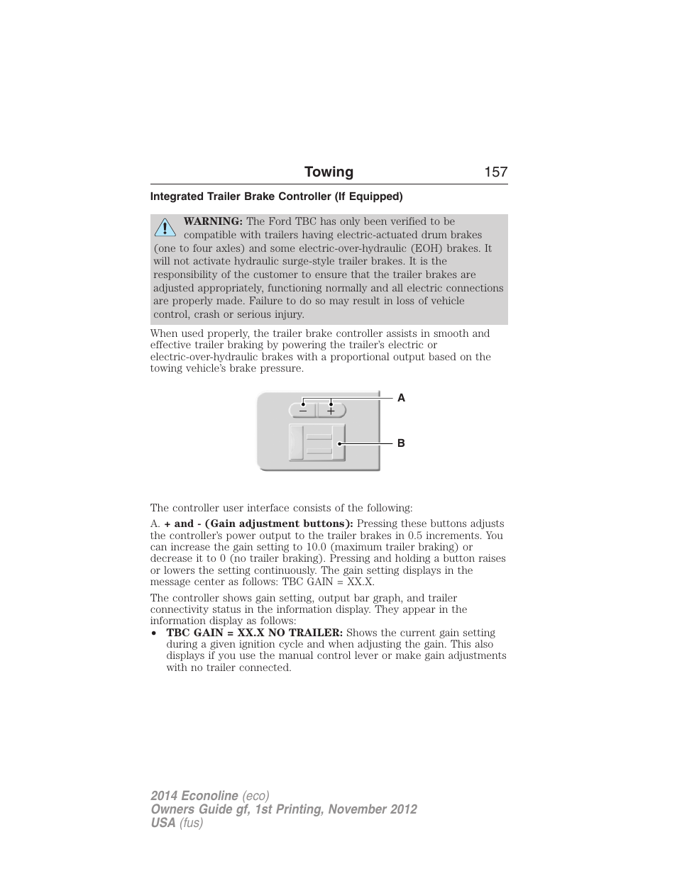 Integrated trailer brake controller (if equipped), Trailer brake controller-integrated, Towing 157 | FORD 2014 E-450 v.1 User Manual | Page 158 / 438