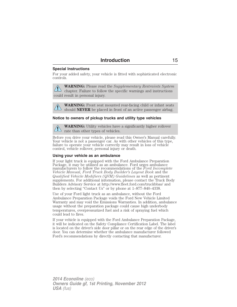 Special instructions, Using your vehicle as an ambulance, Introduction 15 | FORD 2014 E-450 v.1 User Manual | Page 16 / 438