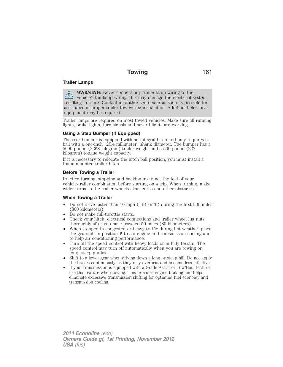 Trailer lamps, Using a step bumper (if equipped), Before towing a trailer | When towing a trailer, Towing 161 | FORD 2014 E-450 v.1 User Manual | Page 162 / 438