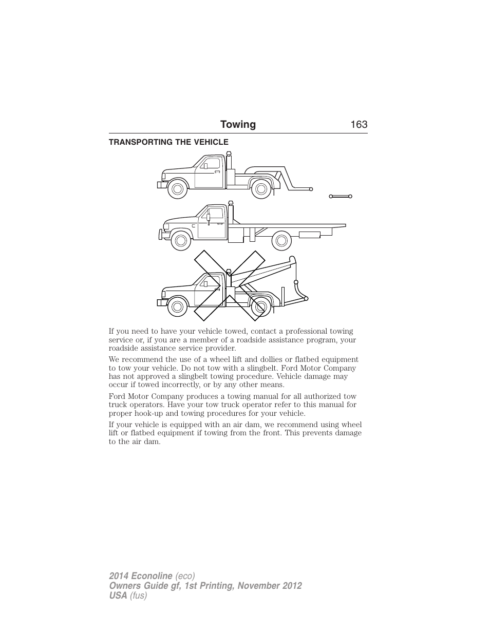 Transporting the vehicle, Wrecker towing | FORD 2014 E-450 v.1 User Manual | Page 164 / 438